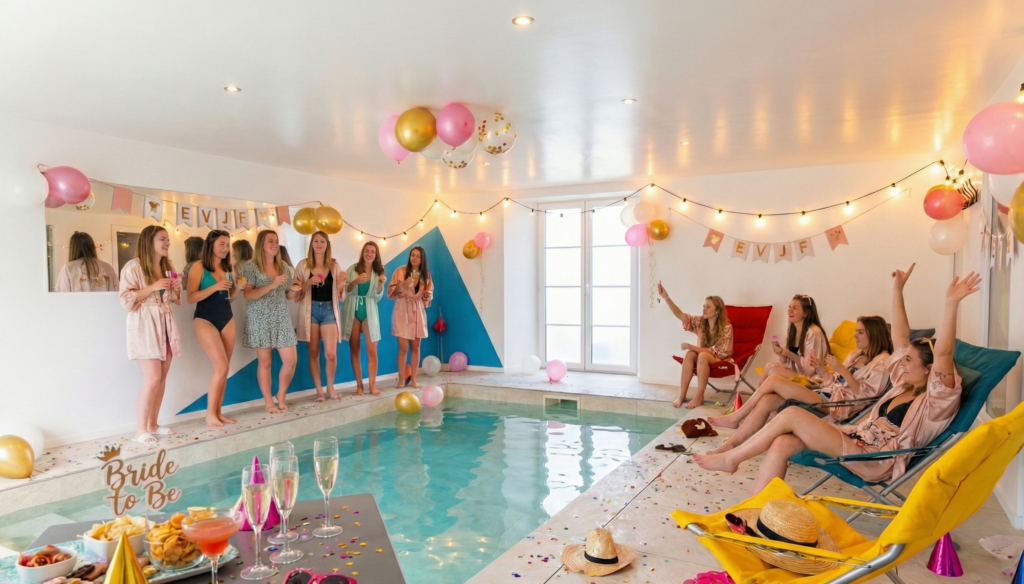 EVJF en Champagne dans un gîte avec piscine intérieure privée, décoration festive et moment convivial entre amies au Domaine d’Ailleurs